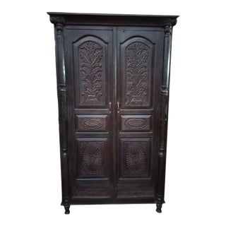 Vintage Black Armoire From India, Boho Style Wardrobe Armoire With Columns 81 For Sale