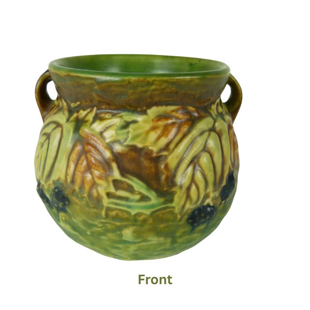 Arts & Crafts Roseville Blackberry 1932 Antique Art Pottery Jardiniere Vase | Double Handled | Genuine Gold Foil Label For Sale - Image 3 of 13