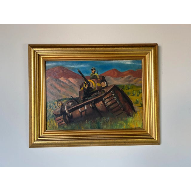 1944 A. Polansky Landscape Painting With a Soldier in a Battle Tank For Sale - Image 12 of 12
