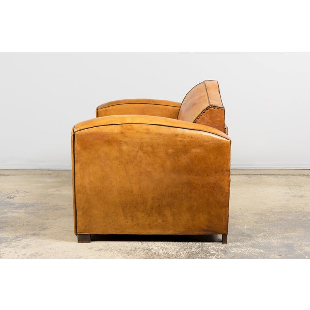 1920s French Art Deco Cognac Leather Club Sofa For Sale - Image 11 of 18