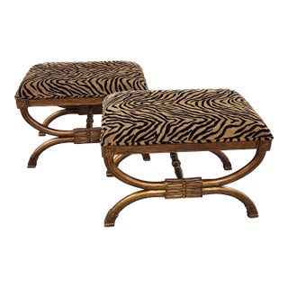 Neoclassical Style Curule Benches With Animal Print Upholstery - A Pair For Sale