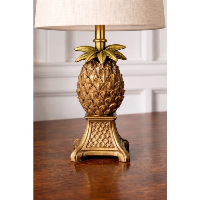 Late 20th Century Petite Tropical Palm Tree & Pineapple Table Lamps With Linen Drum Shades – Hollywood Regency Coastal Style, 16” H - a Pair For Sale - Image 9 of 10