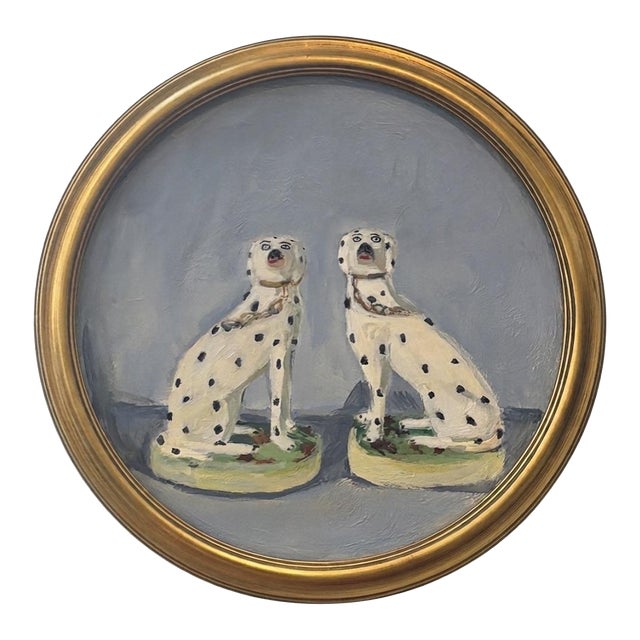 “The Dalmatians ” a 16” Round Framed Painting of Staffordshire Dalmatians by Michelle Heimann. For Sale