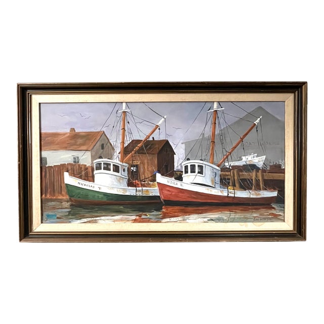 Mid Century California Harbor View/Boats Oil Painting. Signed For Sale