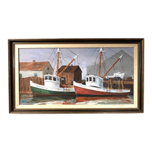Mid Century California Harbor View/Boats Oil Painting. Signed