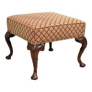 Early 20th Century English Queen Anne Style Carved Walnut Square Upholstered Ottoman Footstool For Sale