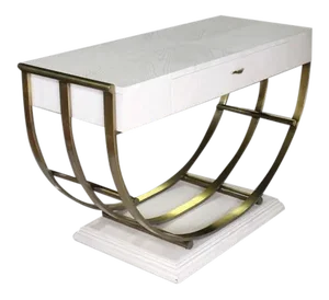 Mid-Century Modern White Pickled Oak Finish Brass U Shape Base Console Table