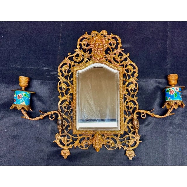 Antique Bradley & Hubbard Brass & Champlevé Enamel Bacchus Girandole Mirror Sconce For Sale - Image 11 of 13