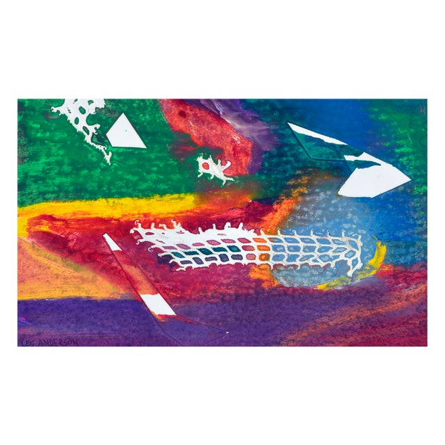 Vibrant multicolor abstract with linear grid patterns by Les (Leslie Luverne) Anderson (American, 1928-2009). Signed "Les...