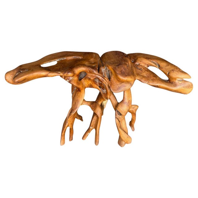 Beautiful one of a kind sculptural console table made from a beautiful century old teak root. Fabulous on both sides....