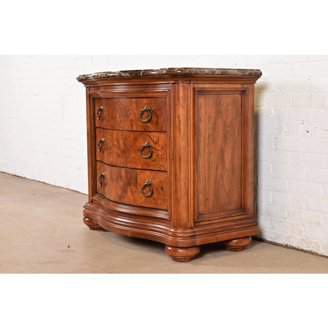 French Thomasville French Louis Philippe Burl Wood Marble Top Three-Drawer Dresser Chest For Sale - Image 3 of 11