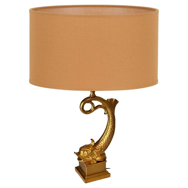 Large French Brass & Gilt Metal Fish Lamp – 1970s : This is a spectacular sculptural table lamp, crafted in brass and gilt...