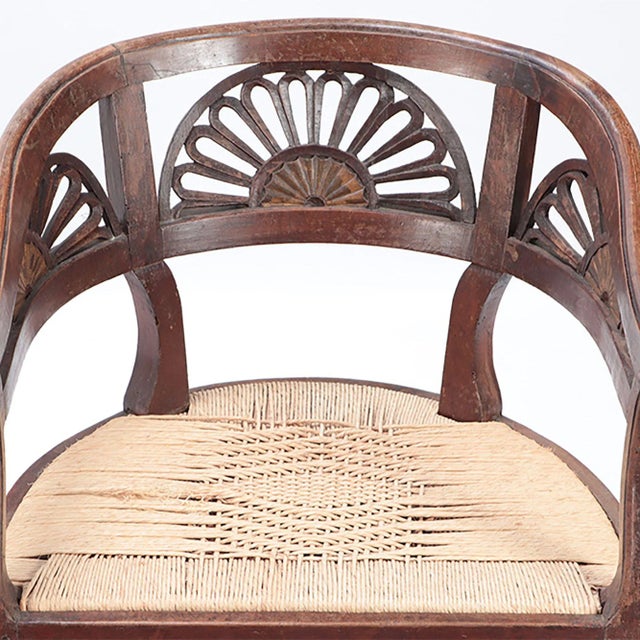 Brown Italian Walnut Open Arm Chairs With Cord Seats and Cut Out Design. Circa 1800. A Pair For Sale - Image 8 of 11