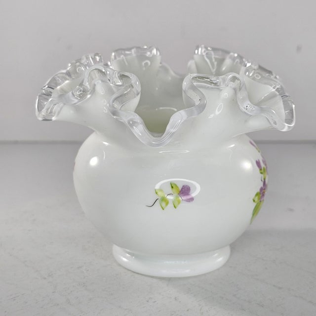 Late 20th Century Vintage Fenton Violets in the Snow Double Crimped Vase Rose Bowl For Sale - Image 5 of 8