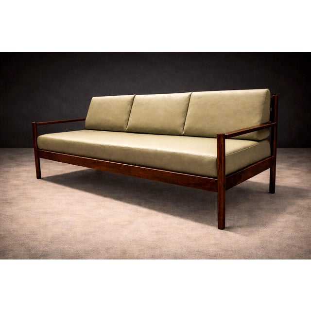 Mid-Century Modern Sofa in Imbuia Hardwood & Leather by Michel Arnoult, 1960s - Lot 155 For Sale - Image 3 of 10