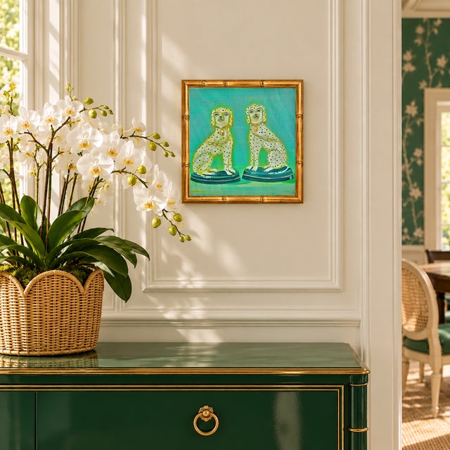 An original oil painting by Tatiana Duperault, signed by the artist, on canvas board. It shows a pair of Staffordshire...