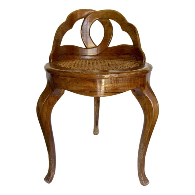 Early 20th C. Italian Three-Legged Caned Vanity Chair With Sculptural Loop Back For Sale