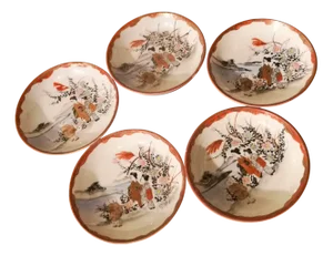 19th Century Kutani Porcelain Sake Set, Japan, 1890s, Set of 5