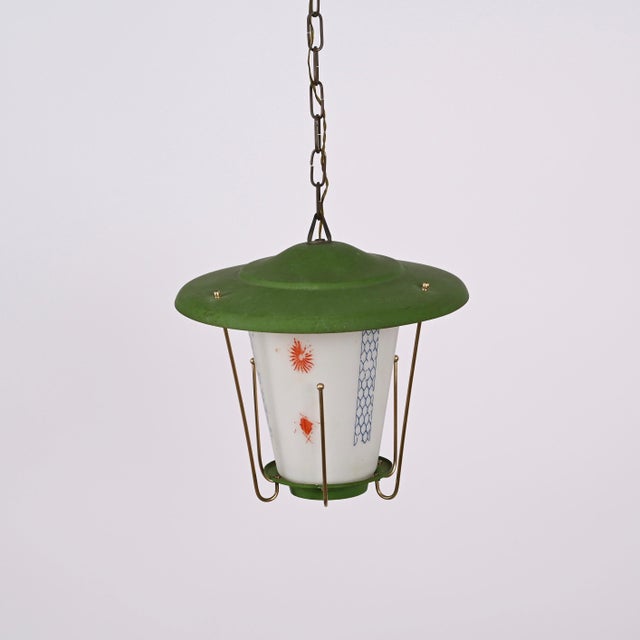 Mid-Century Italian Round Opaline Glass and Brass Green Lantern Chandelier, 1950s For Sale - Image 18 of 18