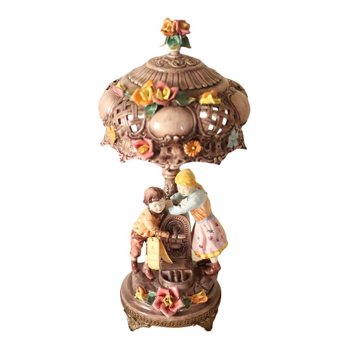 Vintage Italian Capodimonte Porcelain Lamp With Pierced Shade | Chairish