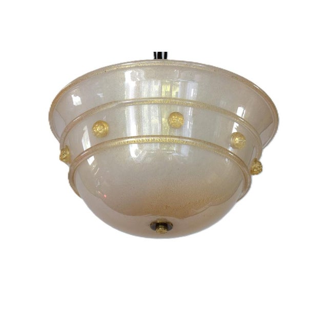 Ceiling lamp made of thick-walled, opalescent, mouth-blown glass and gold leaf. Hot-applied fruit decorations....