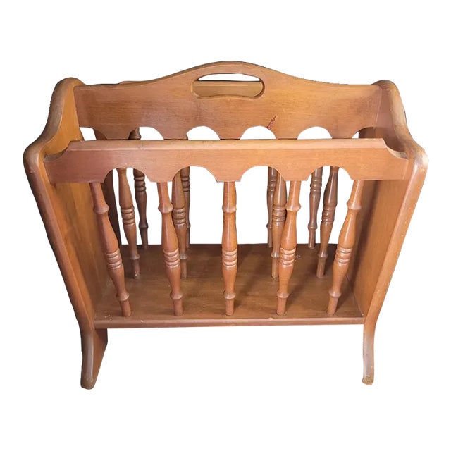 1980s Vintage Spindle Wood Magazine Record Rack For Sale