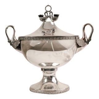 Large Empire Soup Tureen in Silver-Plated Alpaca with Handles and Swan Finials, 1920s For Sale