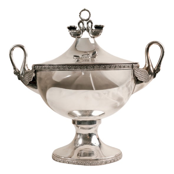 Large Empire Soup Tureen in Silver-Plated Alpaca with Handles and Swan Finials, 1920s For Sale