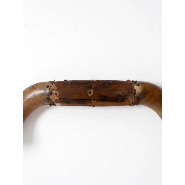 This is an antique bull horns wall mount. The brown bull horns feature a wood center mount with wire hang.
