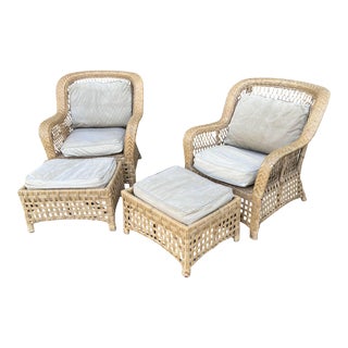 Late 20th Century Wicker Chairs With Ottomans Bielecky Brothers Style- 4 Pieces For Sale