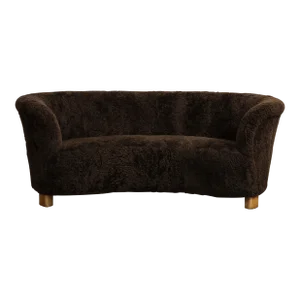 Mid-Century Danish Brown Shearling Curved Sofa, Attributed to Flemming Lassen
