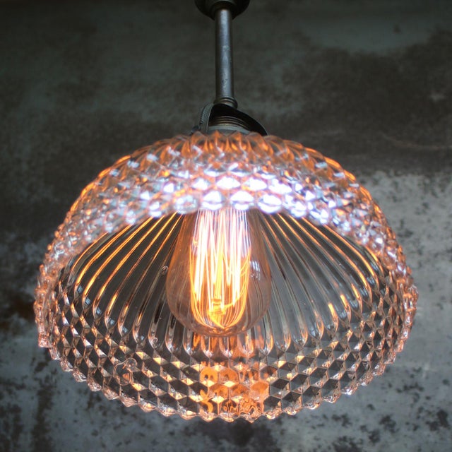 French Brass and Holophane Glass Pendant Light For Sale - Image 4 of 9