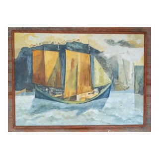 1960's Mid-Century Modern Abstract Painting of a Ship, Signed, For Sale