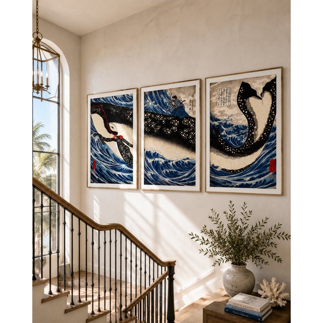 Japanese Whale Triptych Reproduction, Coastal Nautical Art Print Set of 3, 32" X 48" For Sale - Image 4 of 9
