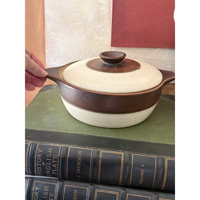 1960s Denby Langley England Stoneware Brown and Cream Pottery Lidded Casserole For Sale - Image 4 of 11