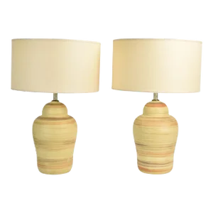 Pair of Mid-Century Modern Striped Pottery Table Lamps