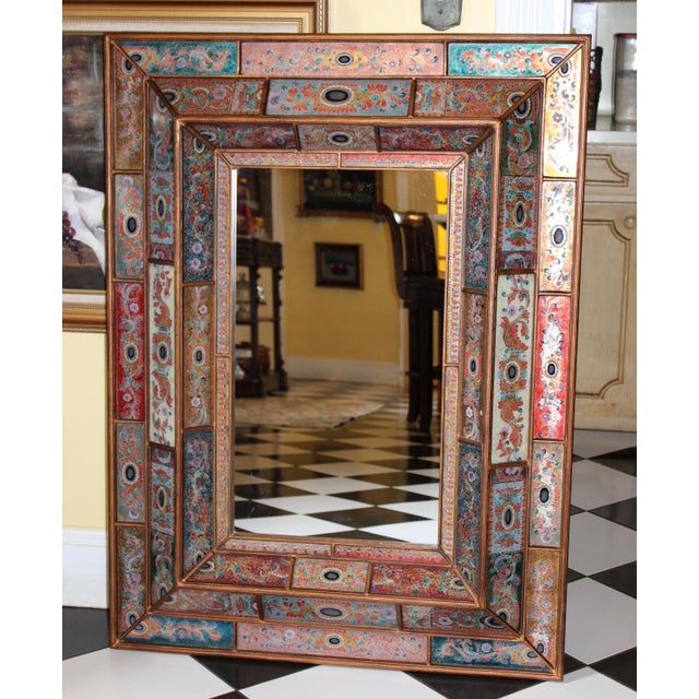 Stunning Large Hand-Made Reverse Painted Glass Paneled Mirror by Artist Robert Weiss, Peru For Sale - Image 9 of 14