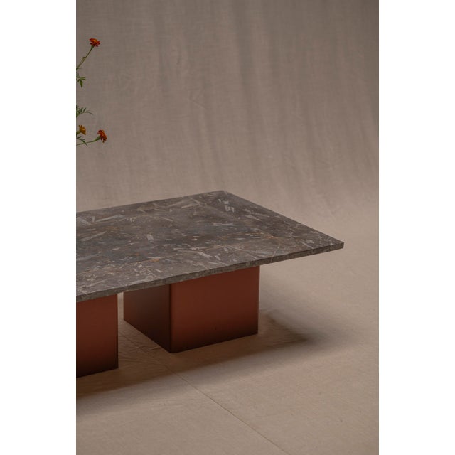 Coffee Table in Fossil Marble and Orange Lacquer, 1970s For Sale - Image 4 of 16