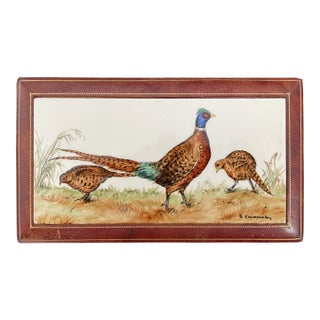 Antique Italian Leather Trinket Box With Handpainted Pheasants Tile Top For Sale