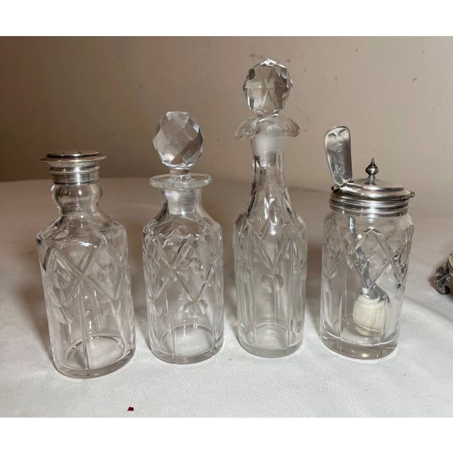 Antique 1800's Ornate Cut Crystal Silver Plate Figural Cruet Condiment Set Caddy For Sale - Image 11 of 16