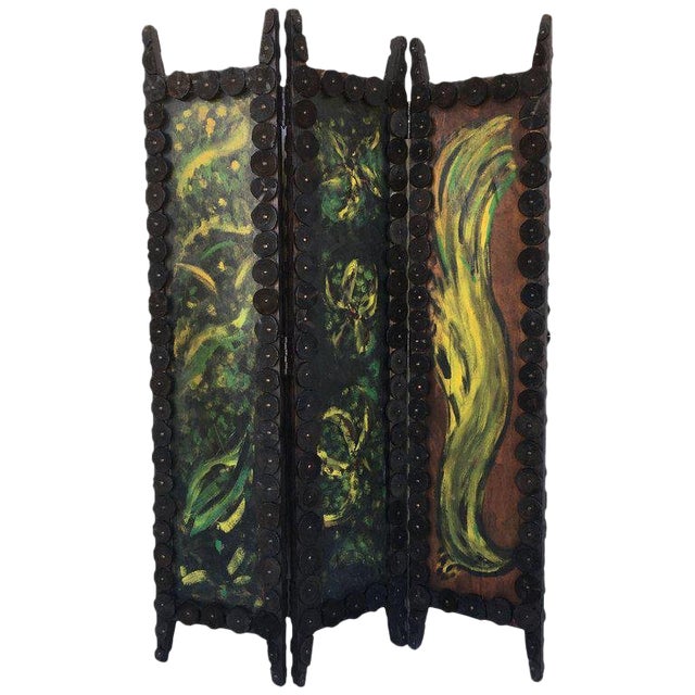 20th Century Arts & Crafts Folding Screen & Hand Painted Decoration Room Divider For Sale