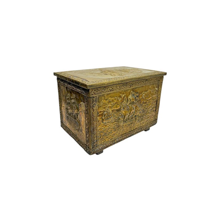1920s Ornate Embossed Brass Log Box with Ships Scène, 1920s For Sale - Image 5 of 13