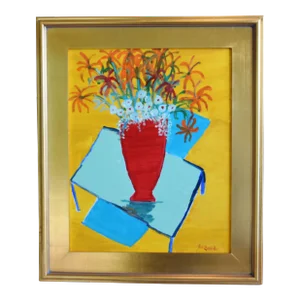 Juan "Pepe" Maldonado Guzman (1948-2022) Listed Artist Bouquet Flowers Red Vase Painting W/ Gold Leaf Frame