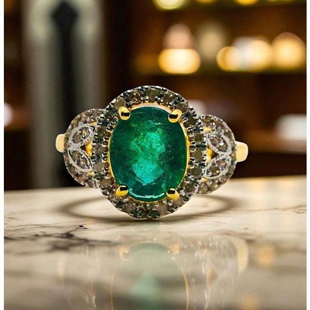 Bochic “Capri” Vintage Natural Diamond & Emerald Retro Ring Set In 18K Gold & Silver For Sale - Image 9 of 11