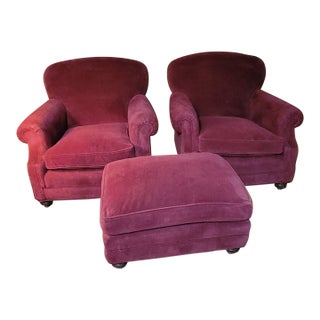 Late 20th Century Pair of Brunschwig and Fils Saratoga Collection Club Chairs and Matching Ottoman For Sale