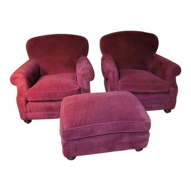 Late 20th Century Pair of Brunschwig and Fils Saratoga Collection Club Chairs and Matching Ottoman For Sale