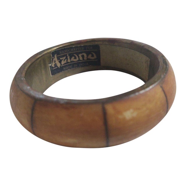 Vintage Aziono Wide Brass & Horn Bangle Bracelet For Sale