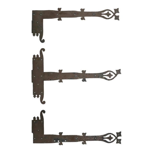 Set of 3 Antique Floral Hand Hammered Iron Door Strap Hinges For Sale