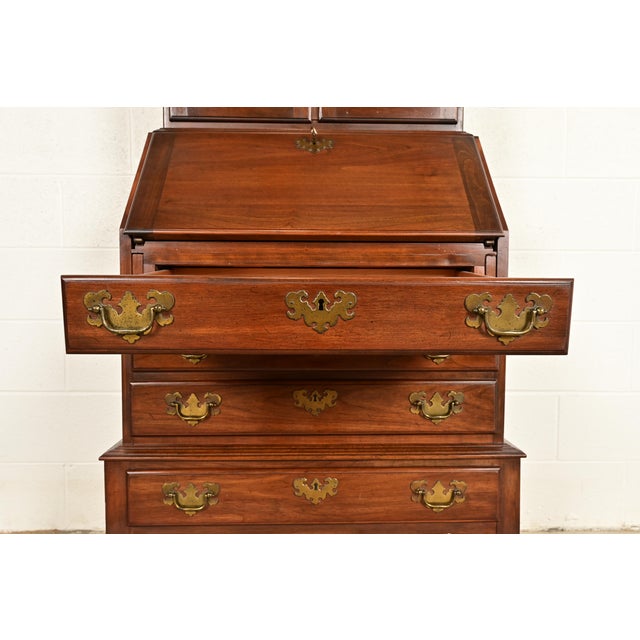 Brown Ethan Allen Georgian Cherry Wood Bureau With Drop Front Secretary Desk and Bookcase Hutch, Circa 1970s For Sale - Image 8 of 14