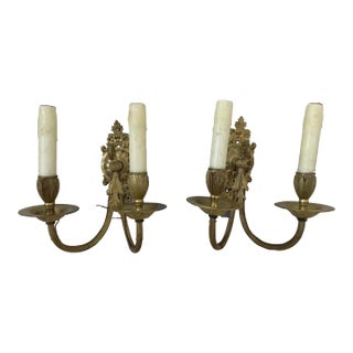 Early 20th Century Neoclassical French Empire Bronze 2 Arm Electrified Wax Candle Wall Sconces - a Pair For Sale